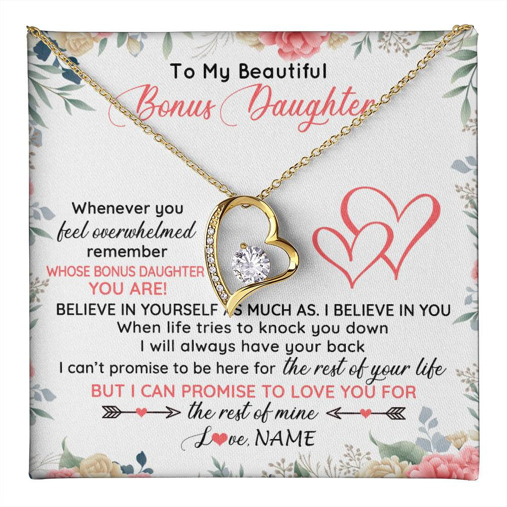 Forever Love Necklace 18K Yellow Gold Finish | 1 | Personalized To My Beautiful Bonus Daughter Necklace From Stepfather Believe In You Stepdaughter Birthday Christmas Jewelry Customized Gift Box Message Card | teecentury