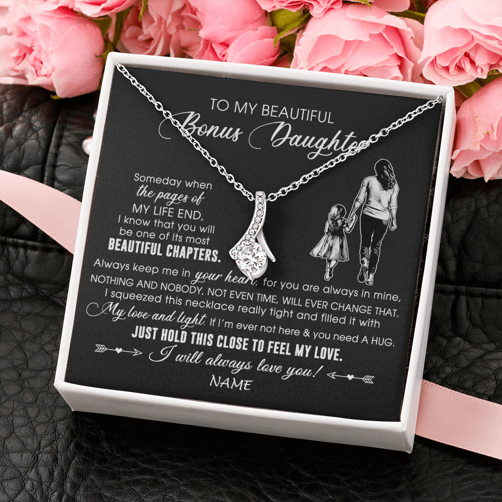 Alluring Beauty Necklace 14K White Gold Finish | 2 | Personalized To My Beautiful Bonus Daughter Necklace From Stepmom Always Love You Stepdaugher Birthday Graduation Christmas Customized Gift Box Message Card | teecentury