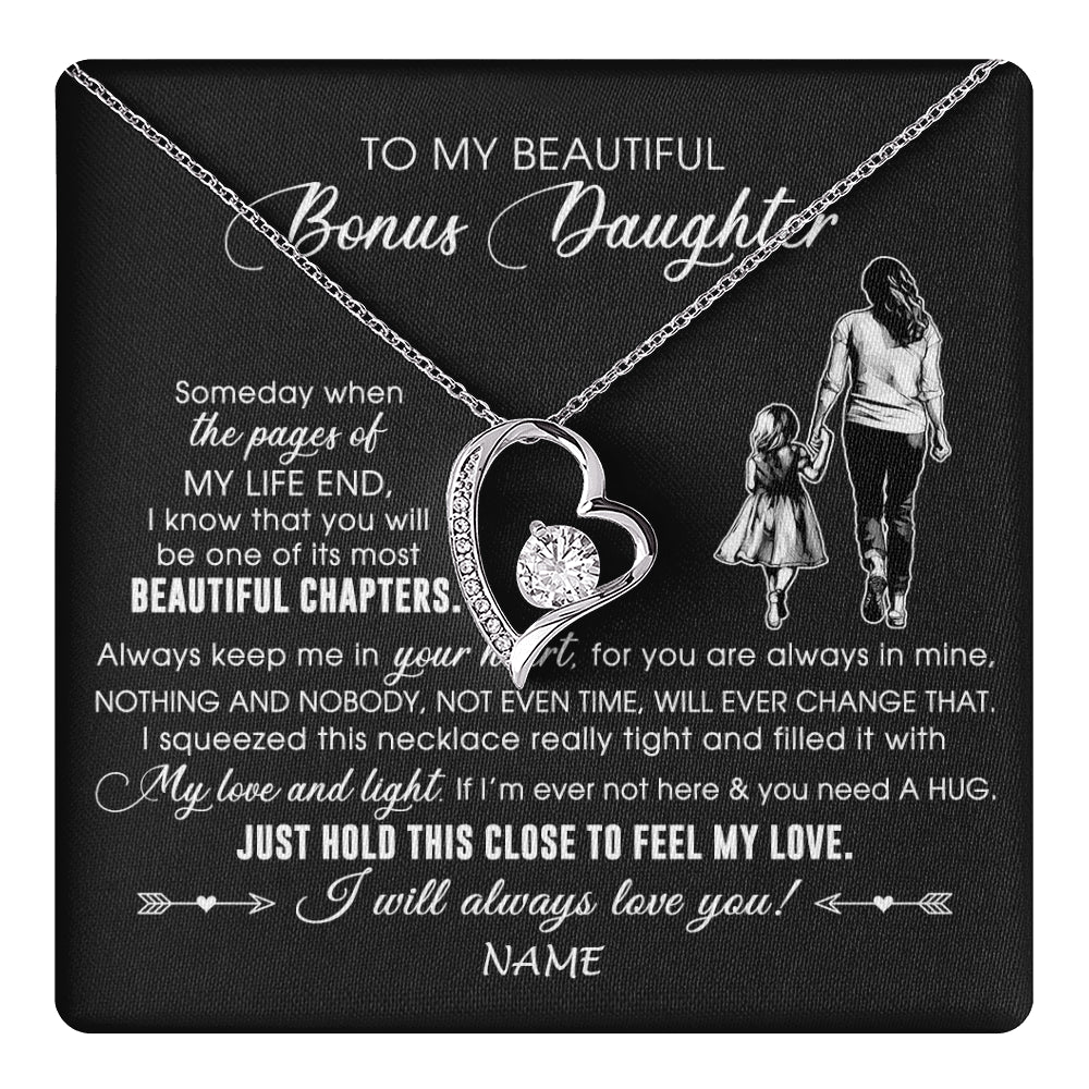 Forever Love Necklace 14K White Gold Finish | 1 | Personalized To My Beautiful Bonus Daughter Necklace From Stepmom Always Love You Stepdaugher Birthday Graduation Christmas Customized Gift Box Message Card | teecentury
