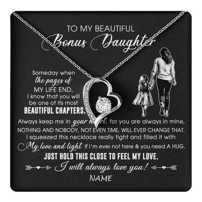 Forever Love Necklace 14K White Gold Finish | 1 | Personalized To My Beautiful Bonus Daughter Necklace From Stepmom Always Love You Stepdaugher Birthday Graduation Christmas Customized Gift Box Message Card | teecentury