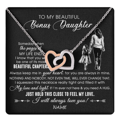 Interlocking Hearts Necklace Stainless Steel & Rose Gold Finish | 1 | Personalized To My Beautiful Bonus Daughter Necklace From Stepmom Always Love You Stepdaugher Birthday Graduation Christmas Customized Gift Box Message Card | teecentury