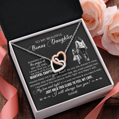 Interlocking Hearts Necklace Stainless Steel & Rose Gold Finish | 2 | Personalized To My Beautiful Bonus Daughter Necklace From Stepmom Always Love You Stepdaugher Birthday Graduation Christmas Customized Gift Box Message Card | teecentury