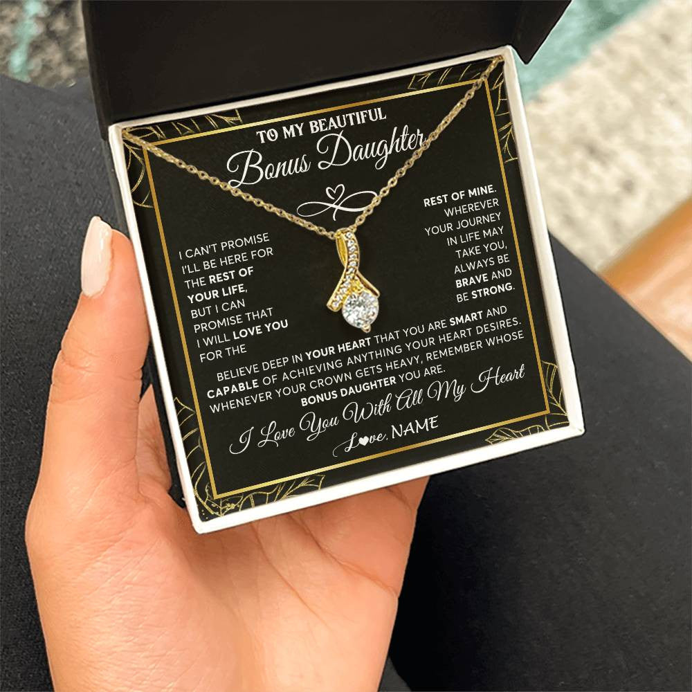 Alluring Beauty Necklace 18K Yellow Gold Finish | 2 | Personalized To My Beautiful Bonus Daughter Necklace From Stepmom Crown Jewelry Gifts For Stepdaughter Birthday Graduation Christmas Gift Box Message Card | teecentury