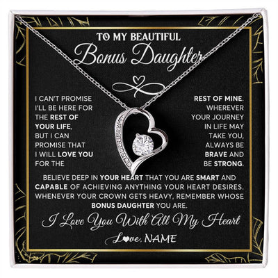 Forever Love Necklace 14K White Gold Finish | 1 | Personalized To My Beautiful Bonus Daughter Necklace From Stepmom Crown Jewelry Gifts For Stepdaughter Birthday Graduation Christmas Gift Box Message Card | teecentury