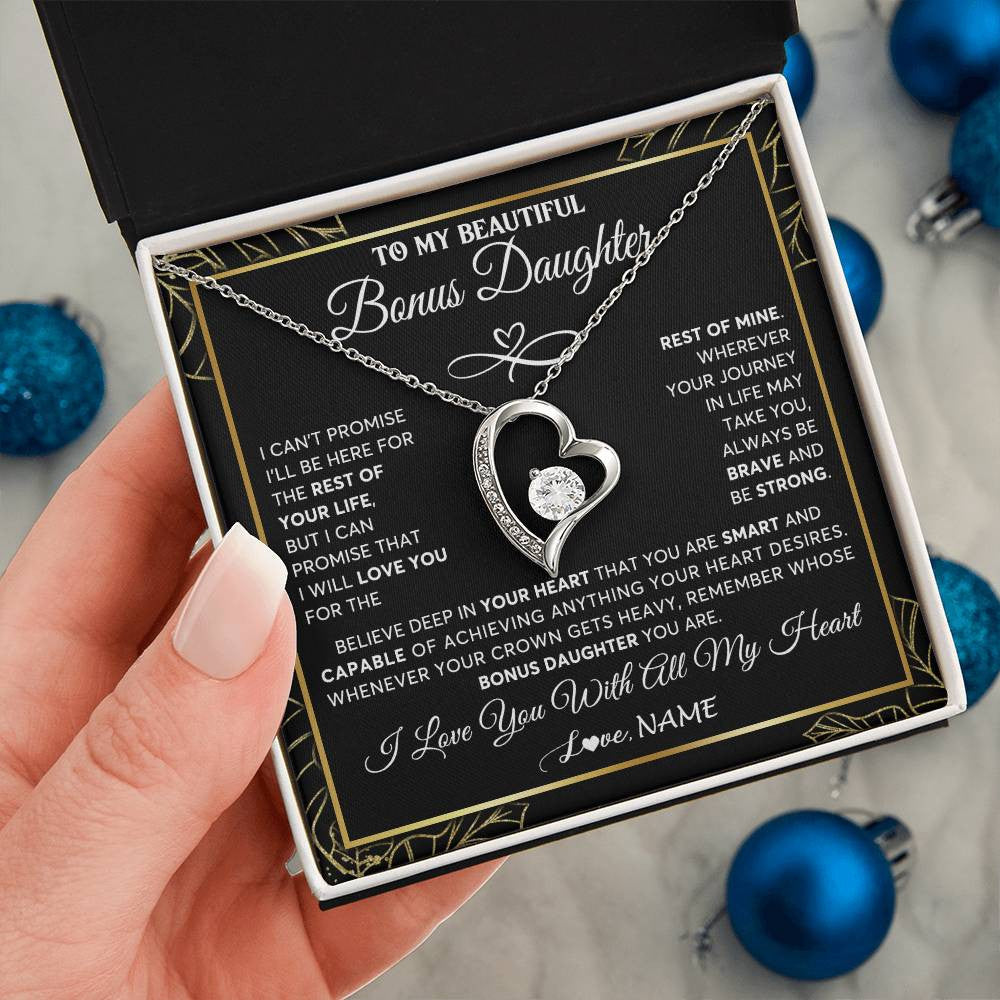 Forever Love Necklace 14K White Gold Finish | 2 | Personalized To My Beautiful Bonus Daughter Necklace From Stepmom Crown Jewelry Gifts For Stepdaughter Birthday Graduation Christmas Gift Box Message Card | teecentury