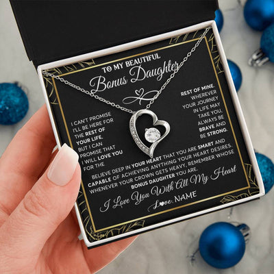 Forever Love Necklace 14K White Gold Finish | 2 | Personalized To My Beautiful Bonus Daughter Necklace From Stepmom Crown Jewelry Gifts For Stepdaughter Birthday Graduation Christmas Gift Box Message Card | teecentury