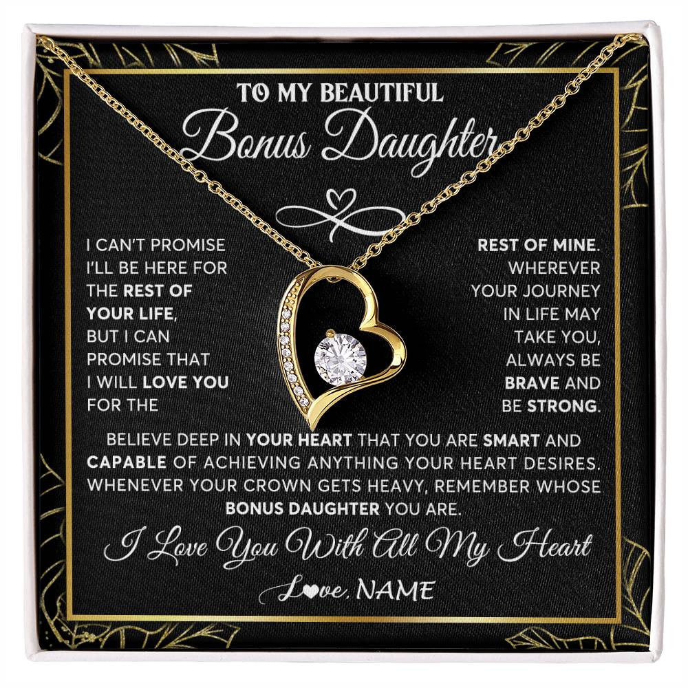 Forever Love Necklace 18K Yellow Gold Finish | 1 | Personalized To My Beautiful Bonus Daughter Necklace From Stepmom Crown Jewelry Gifts For Stepdaughter Birthday Graduation Christmas Gift Box Message Card | teecentury