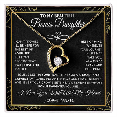 Forever Love Necklace 18K Yellow Gold Finish | 1 | Personalized To My Beautiful Bonus Daughter Necklace From Stepmom Crown Jewelry Gifts For Stepdaughter Birthday Graduation Christmas Gift Box Message Card | teecentury