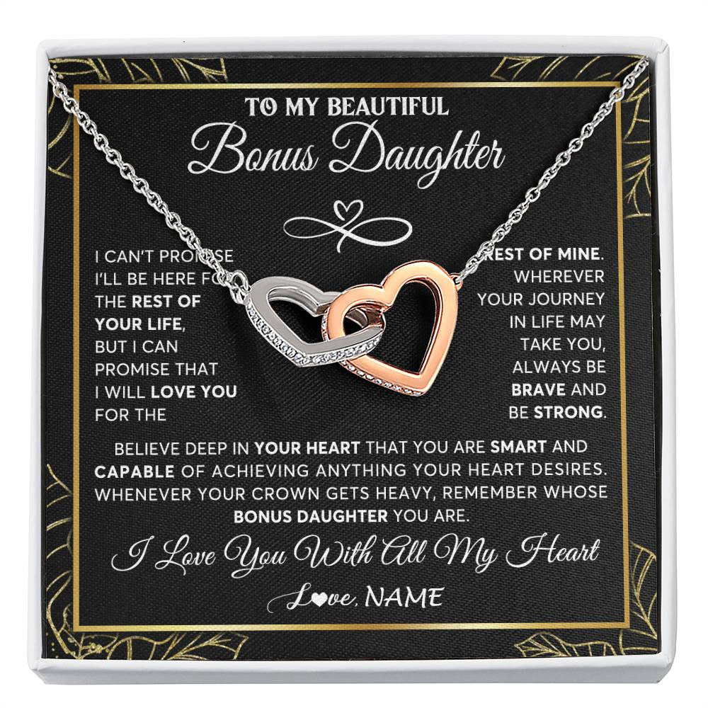 Interlocking Hearts Necklace Stainless Steel & Rose Gold Finish | 1 | Personalized To My Beautiful Bonus Daughter Necklace From Stepmom Crown Jewelry Gifts For Stepdaughter Birthday Graduation Christmas Gift Box Message Card | teecentury