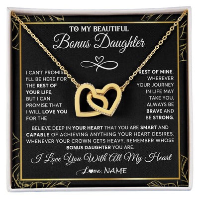 Interlocking Hearts Necklace 18K Yellow Gold Finish | 1 | Personalized To My Beautiful Bonus Daughter Necklace From Stepmom Crown Jewelry Gifts For Stepdaughter Birthday Graduation Christmas Gift Box Message Card | teecentury