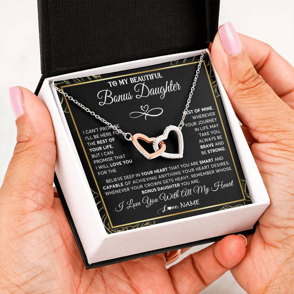 Interlocking Hearts Necklace Stainless Steel & Rose Gold Finish | 2 | Personalized To My Beautiful Bonus Daughter Necklace From Stepmom Crown Jewelry Gifts For Stepdaughter Birthday Graduation Christmas Gift Box Message Card | teecentury