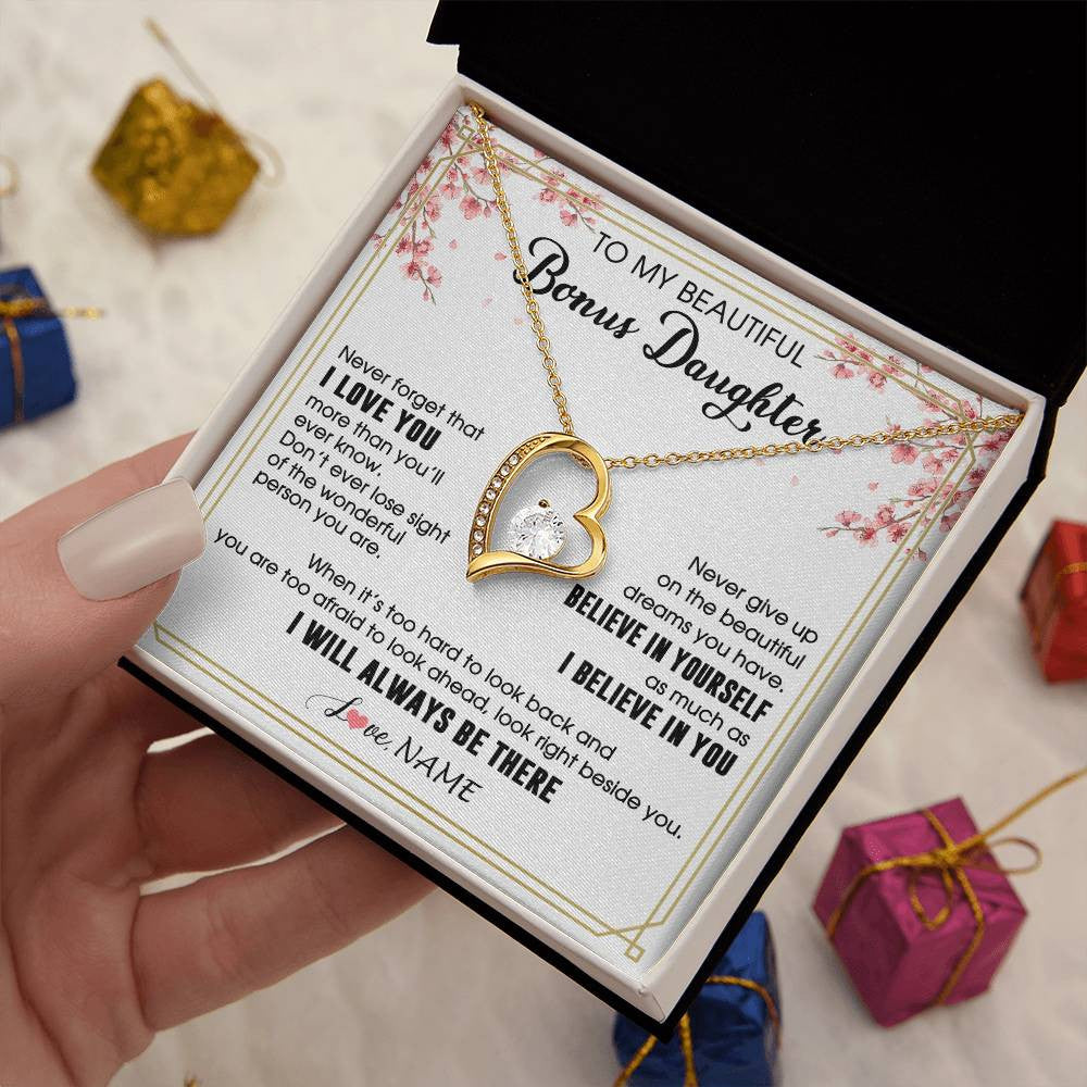 Forever Love Necklace 18K Yellow Gold Finish | 2 | Personalized To My Beautiful Bonus Daughter Necklace From Stepmom Dad I Love You Believe In You Birthday Gifts Christmas Customized Gift Box Message Card | teecentury