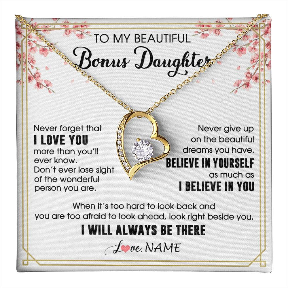Forever Love Necklace 18K Yellow Gold Finish | 1 | Personalized To My Beautiful Bonus Daughter Necklace From Stepmom Dad I Love You Believe In You Birthday Gifts Christmas Customized Gift Box Message Card | teecentury
