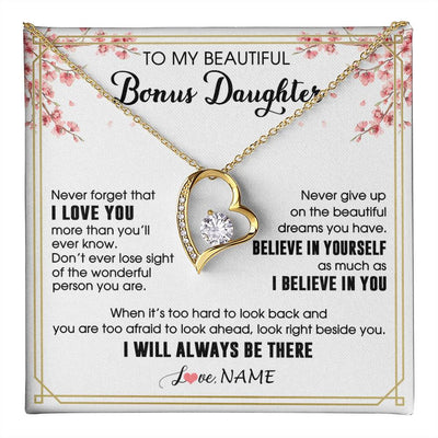 Forever Love Necklace 18K Yellow Gold Finish | 1 | Personalized To My Beautiful Bonus Daughter Necklace From Stepmom Dad I Love You Believe In You Birthday Gifts Christmas Customized Gift Box Message Card | teecentury