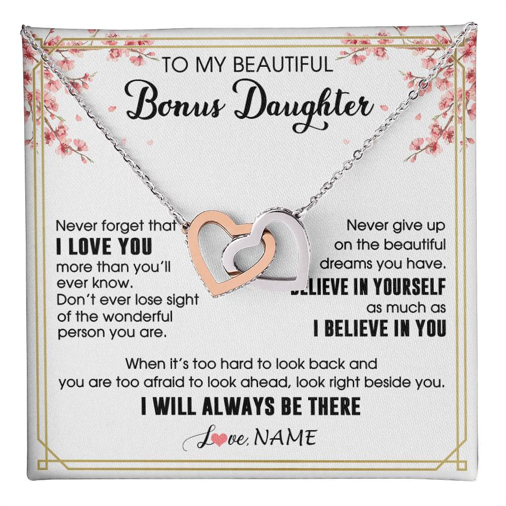 Interlocking Hearts Necklace Stainless Steel & Rose Gold Finish | 1 | Personalized To My Beautiful Bonus Daughter Necklace From Stepmom Dad I Love You Believe In You Birthday Gifts Christmas Customized Gift Box Message Card | teecentury