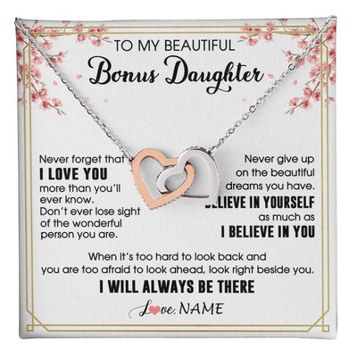 Interlocking Hearts Necklace Stainless Steel & Rose Gold Finish | 1 | Personalized To My Beautiful Bonus Daughter Necklace From Stepmom Dad I Love You Believe In You Birthday Gifts Christmas Customized Gift Box Message Card | teecentury