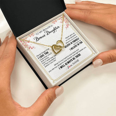 Interlocking Hearts Necklace 18K Yellow Gold Finish | 2 | Personalized To My Beautiful Bonus Daughter Necklace From Stepmom Dad I Love You Believe In You Birthday Gifts Christmas Customized Gift Box Message Card | teecentury