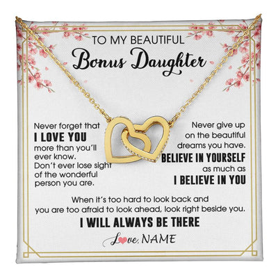 Interlocking Hearts Necklace 18K Yellow Gold Finish | 1 | Personalized To My Beautiful Bonus Daughter Necklace From Stepmom Dad I Love You Believe In You Birthday Gifts Christmas Customized Gift Box Message Card | teecentury