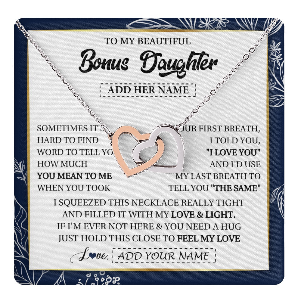 Interlocking Hearts Necklace Stainless Steel & Rose Gold Finish | 1 | Personalized To My Beautiful Bonus Daughter Necklace From Stepmom Feel My Love Valentines Gifts For Stepdaughter Birthday Christmas Gift Box Message Card | teecentury.myshopify