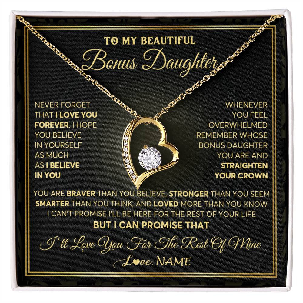 Forever Love Necklace 18K Yellow Gold Finish | 1 | Personalized To My Beautiful Bonus Daughter Necklace From Stepmom I Love You Jewelry Gifts For Stepdaughter Birthday Graduation Christmas Gift Box Message Card | teecentury
