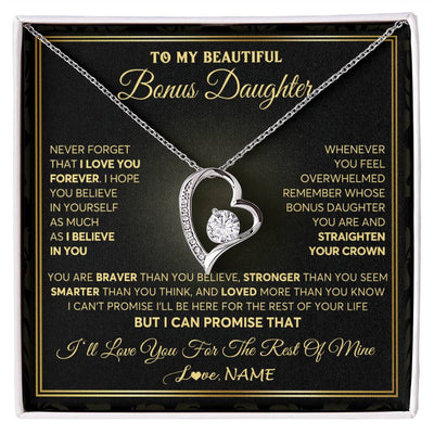 Forever Love Necklace 14K White Gold Finish | 1 | Personalized To My Beautiful Bonus Daughter Necklace From Stepmom I Love You Jewelry Gifts For Stepdaughter Birthday Graduation Christmas Gift Box Message Card | teecentury