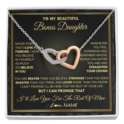 Interlocking Hearts Necklace Stainless Steel & Rose Gold Finish | 1 | Personalized To My Beautiful Bonus Daughter Necklace From Stepmom I Love You Jewelry Gifts For Stepdaughter Birthday Graduation Christmas Gift Box Message Card | teecentury