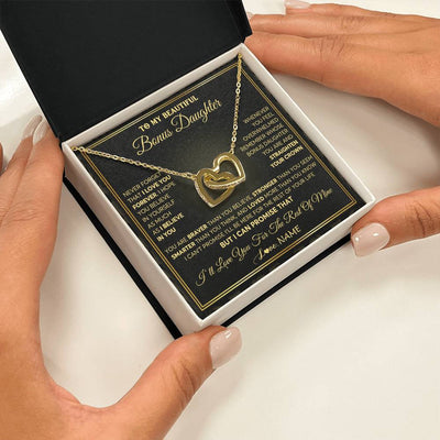 Interlocking Hearts Necklace 18K Yellow Gold Finish | 2 | Personalized To My Beautiful Bonus Daughter Necklace From Stepmom I Love You Jewelry Gifts For Stepdaughter Birthday Graduation Christmas Gift Box Message Card | teecentury