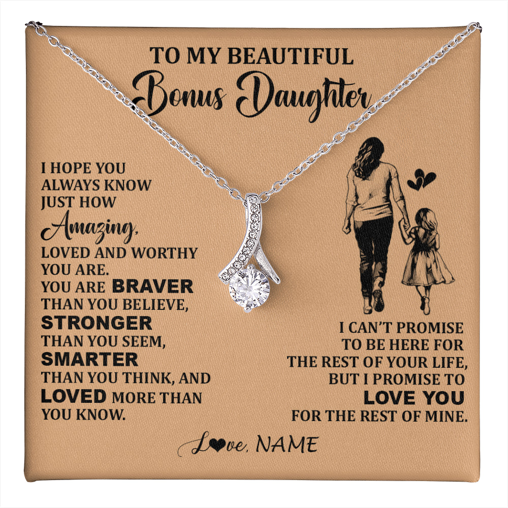 Alluring Beauty Necklace 14K White Gold Finish | 1 | Personalized To My Beautiful Bonus Daughter Necklace From Stepmom Promise To Love You Stepddaughter Birthday Jewelry Christmas Customized Gift Box Message Card | teecentury