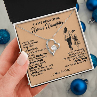 Forever Love Necklace 14K White Gold Finish | 2 | Personalized To My Beautiful Bonus Daughter Necklace From Stepmom Promise To Love You Stepddaughter Birthday Jewelry Christmas Customized Gift Box Message Card | teecentury