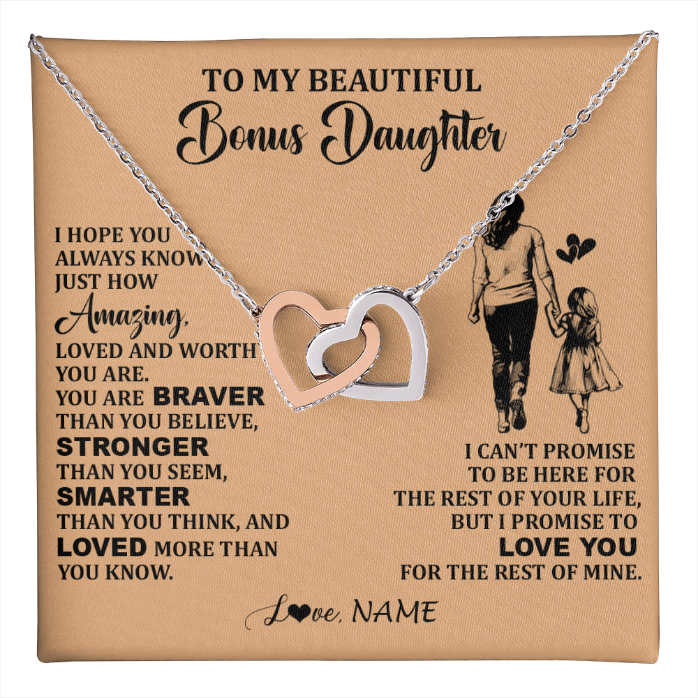 Interlocking Hearts Necklace Stainless Steel & Rose Gold Finish | 1 | Personalized To My Beautiful Bonus Daughter Necklace From Stepmom Promise To Love You Stepddaughter Birthday Jewelry Christmas Customized Gift Box Message Card | teecentury