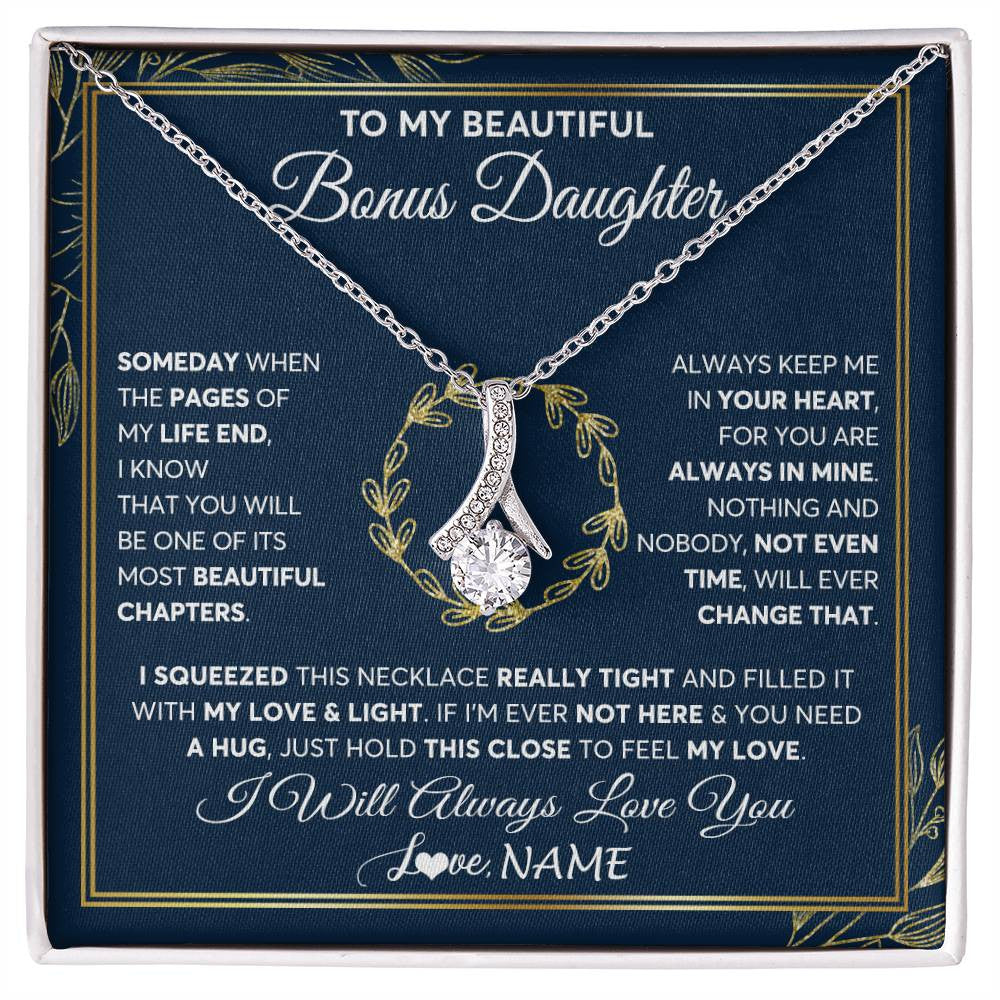 Alluring Beauty Necklace 14K White Gold Finish | Personalized To My Beautiful Bonus Daughter Necklace From Stepmom Someday Stepdaughter Birthday Christmas Jewelry Charm Customized Gift Box Message Card | teecentury