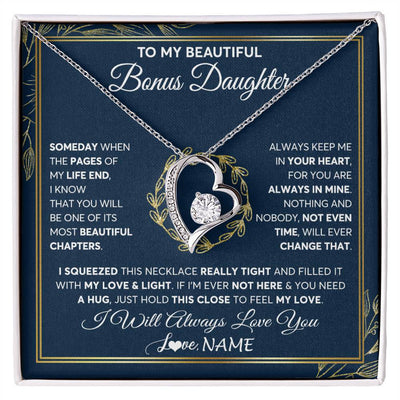 Forever Love Necklace 14K White Gold Finish | Personalized To My Beautiful Bonus Daughter Necklace From Stepmom Someday Stepdaughter Birthday Christmas Jewelry Charm Customized Gift Box Message Card | teecentury
