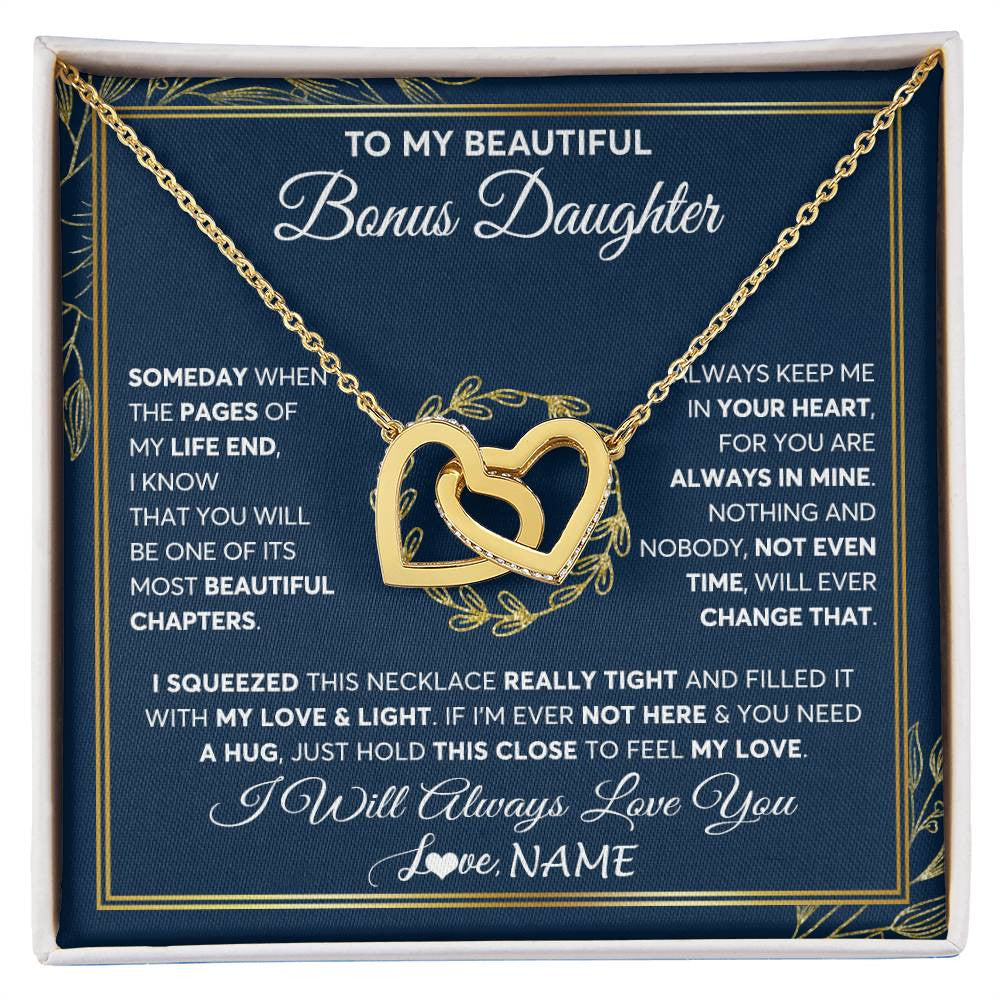 Interlocking Hearts Necklace 18K Yellow Gold Finish | Personalized To My Beautiful Bonus Daughter Necklace From Stepmom Someday Stepdaughter Birthday Christmas Jewelry Charm Customized Gift Box Message Card | teecentury