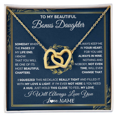 Interlocking Hearts Necklace 18K Yellow Gold Finish | Personalized To My Beautiful Bonus Daughter Necklace From Stepmom Someday Stepdaughter Birthday Christmas Jewelry Charm Customized Gift Box Message Card | teecentury