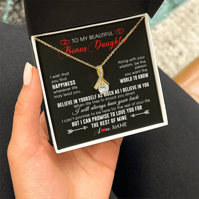 Alluring Beauty Necklace 18K Yellow Gold Finish | Personalized To My Beautiful Bonus Daughter Necklace From Stepmom Stepdad Happiness Wherever Life Birthday Graduation Christmas Customized Gift Box Message Card | teecentury