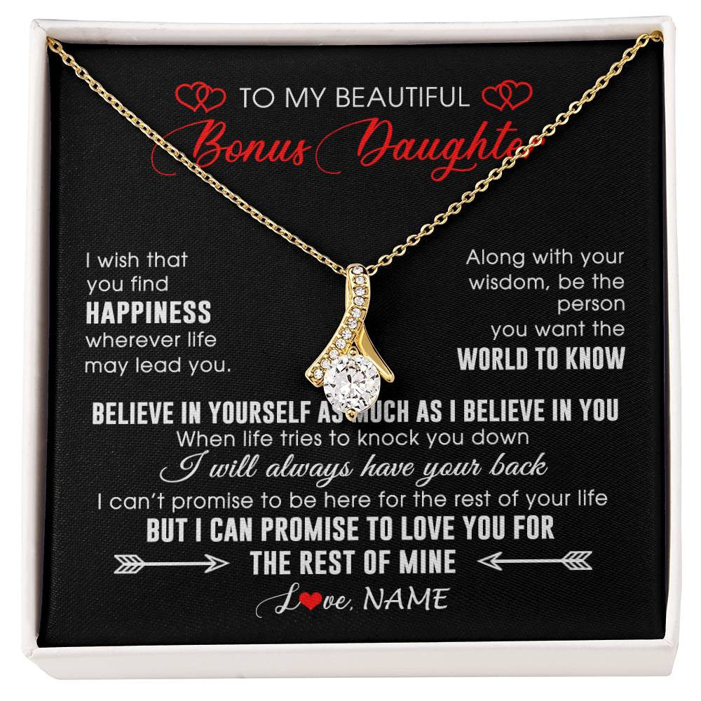 Alluring Beauty Necklace 18K Yellow Gold Finish | Personalized To My Beautiful Bonus Daughter Necklace From Stepmom Stepdad Happiness Wherever Life Birthday Graduation Christmas Customized Gift Box Message Card | teecentury