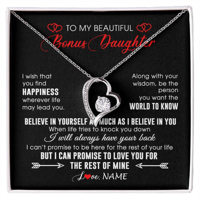 Forever Love Necklace 14K White Gold Finish | Personalized To My Beautiful Bonus Daughter Necklace From Stepmom Stepdad Happiness Wherever Life Birthday Graduation Christmas Customized Gift Box Message Card | teecentury