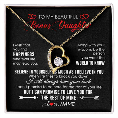 Forever Love Necklace 18K Yellow Gold Finish | Personalized To My Beautiful Bonus Daughter Necklace From Stepmom Stepdad Happiness Wherever Life Birthday Graduation Christmas Customized Gift Box Message Card | teecentury