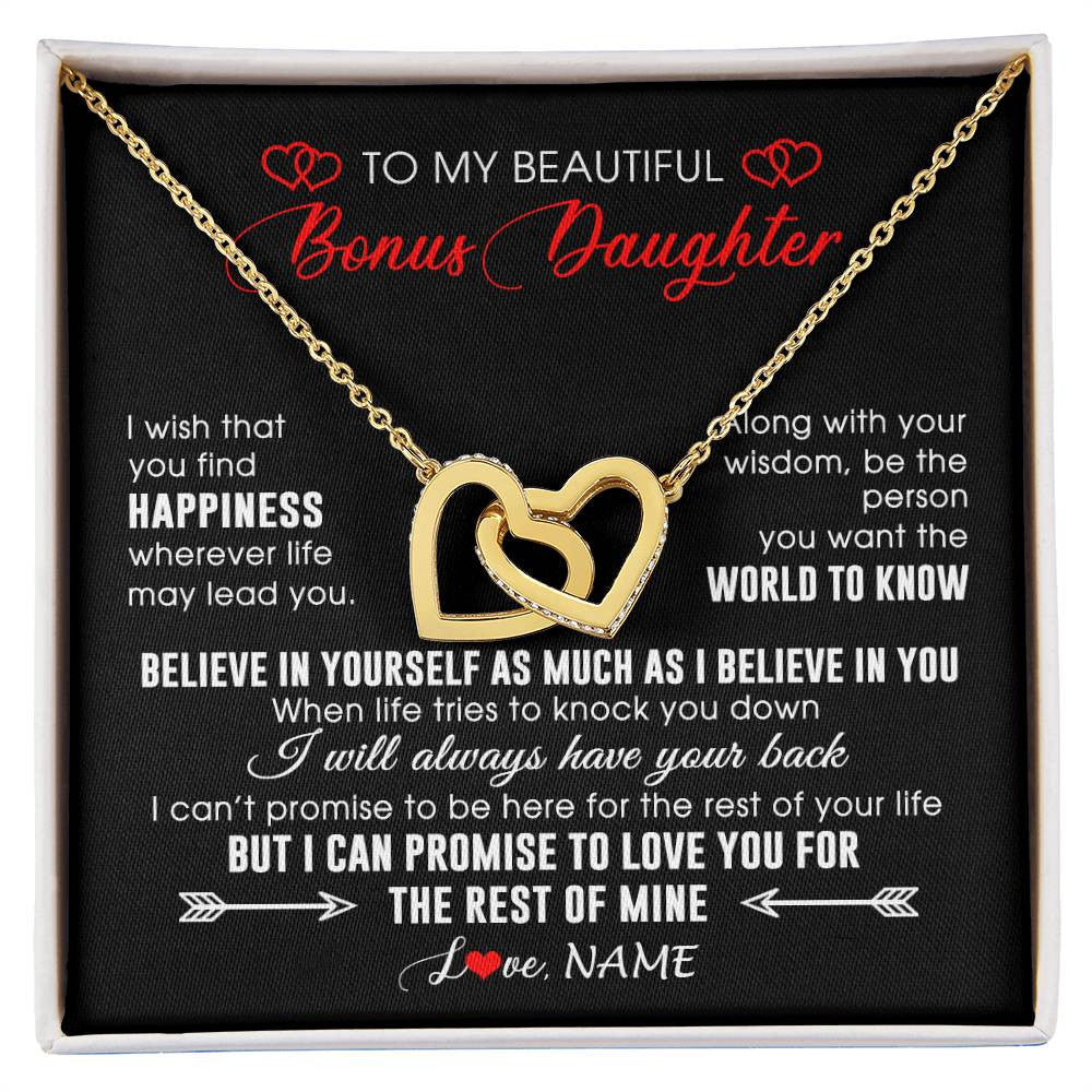 Interlocking Hearts Necklace 18K Yellow Gold Finish | Personalized To My Beautiful Bonus Daughter Necklace From Stepmom Stepdad Happiness Wherever Life Birthday Graduation Christmas Customized Gift Box Message Card | teecentury