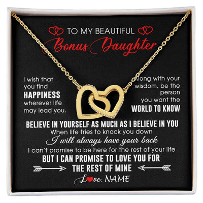 Interlocking Hearts Necklace 18K Yellow Gold Finish | Personalized To My Beautiful Bonus Daughter Necklace From Stepmom Stepdad Happiness Wherever Life Birthday Graduation Christmas Customized Gift Box Message Card | teecentury