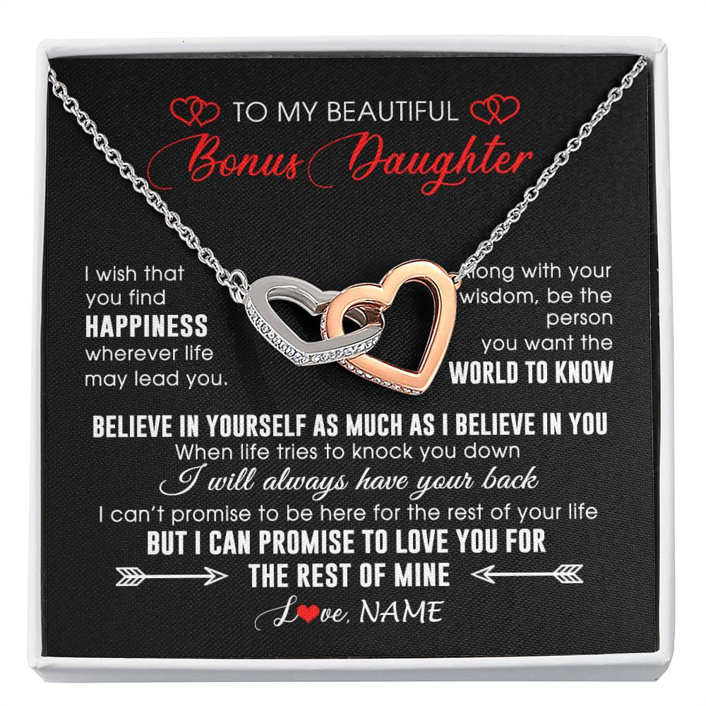 Interlocking Hearts Necklace Stainless Steel & Rose Gold Finish | Personalized To My Beautiful Bonus Daughter Necklace From Stepmom Stepdad Happiness Wherever Life Birthday Graduation Christmas Customized Gift Box Message Card | teecentury