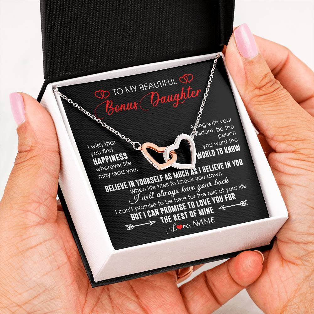 Interlocking Hearts Necklace Stainless Steel & Rose Gold Finish | Personalized To My Beautiful Bonus Daughter Necklace From Stepmom Stepdad Happiness Wherever Life Birthday Graduation Christmas Customized Gift Box Message Card | teecentury