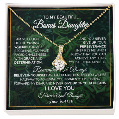 Alluring Beauty Necklace 18K Yellow Gold Finish | Personalized To My Beautiful Bonus Daughter Necklace From Stepmom Stepdad Never Give Up Birthday Graduation Motivational Quote Customized Gift Box Message Card | teecentury