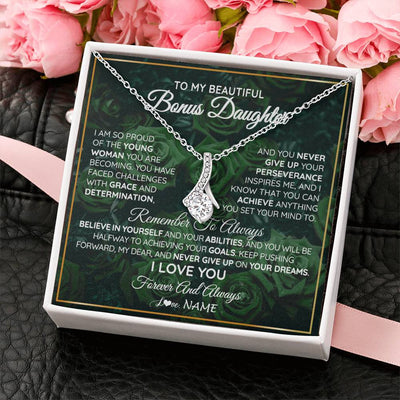 Alluring Beauty Necklace 14K White Gold Finish | Personalized To My Beautiful Bonus Daughter Necklace From Stepmom Stepdad Never Give Up Birthday Graduation Motivational Quote Customized Gift Box Message Card | teecentury
