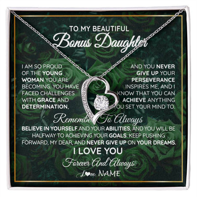 Forever Love Necklace 14K White Gold Finish | Personalized To My Beautiful Bonus Daughter Necklace From Stepmom Stepdad Never Give Up Birthday Graduation Motivational Quote Customized Gift Box Message Card | teecentury