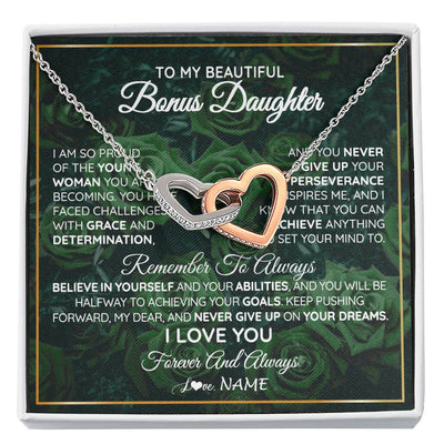 Interlocking Hearts Necklace Stainless Steel & Rose Gold Finish | Personalized To My Beautiful Bonus Daughter Necklace From Stepmom Stepdad Never Give Up Birthday Graduation Motivational Quote Customized Gift Box Message Card | teecentury
