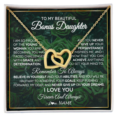 Interlocking Hearts Necklace 18K Yellow Gold Finish | Personalized To My Beautiful Bonus Daughter Necklace From Stepmom Stepdad Never Give Up Birthday Graduation Motivational Quote Customized Gift Box Message Card | teecentury