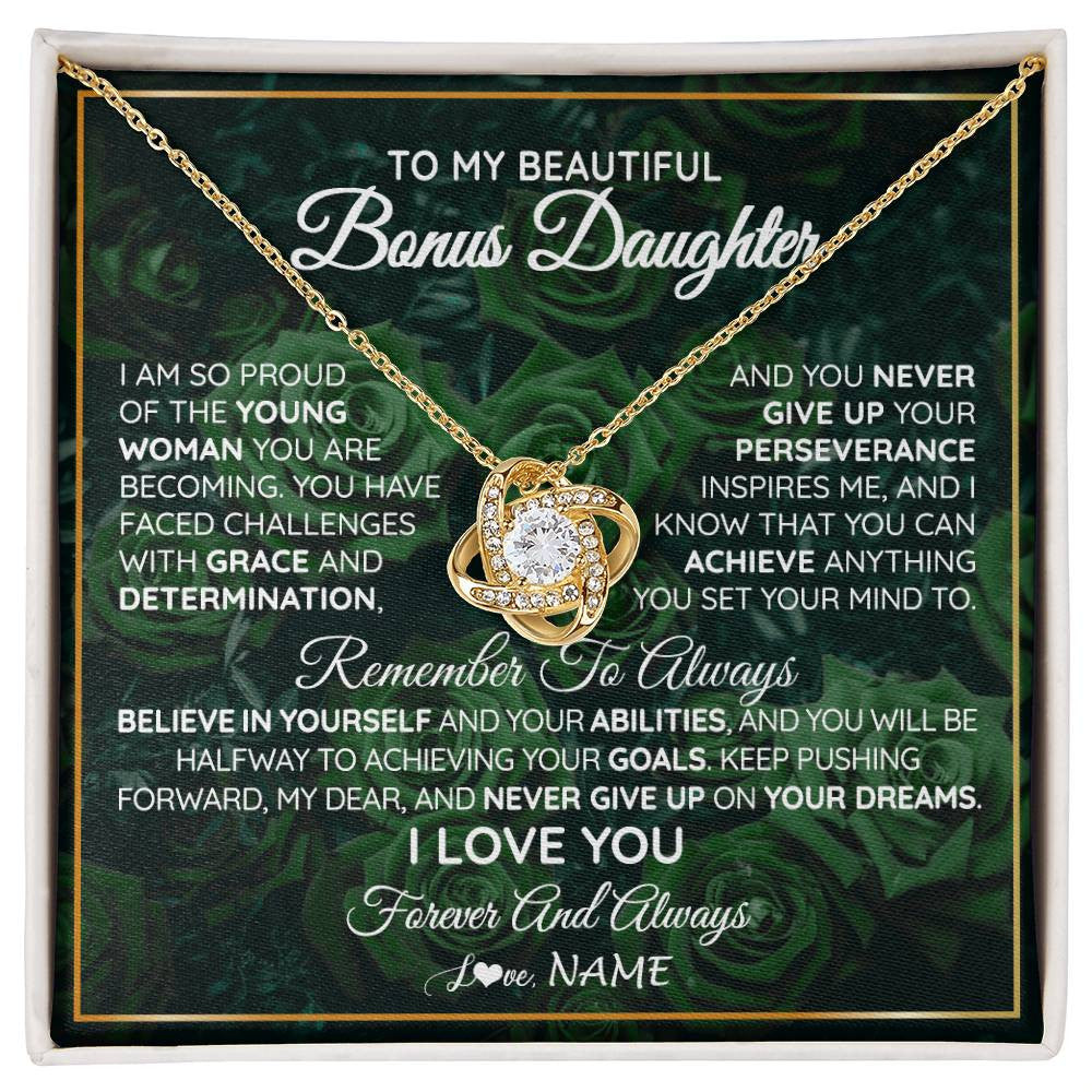 Love Knot Necklace 18K Yellow Gold Finish | Personalized To My Beautiful Bonus Daughter Necklace From Stepmom Stepdad Never Give Up Birthday Graduation Motivational Quote Customized Gift Box Message Card | teecentury
