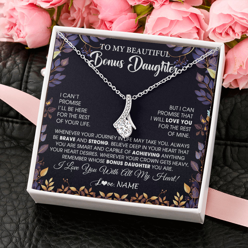 Alluring Beauty Necklace 14K White Gold Finish | 2 | Personalized To My Beautiful Bonus Daughter Necklace From Stepmom Stepdad Promise Necklace Birthday Gift For Stepddaughter Graduation Christmas Message Card | teecentury