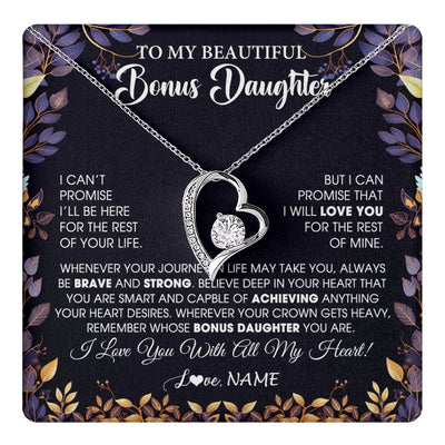 Forever Love Necklace 14K White Gold Finish | 1 | Personalized To My Beautiful Bonus Daughter Necklace From Stepmom Stepdad Promise Necklace Birthday Gift For Stepddaughter Graduation Christmas Message Card | teecentury